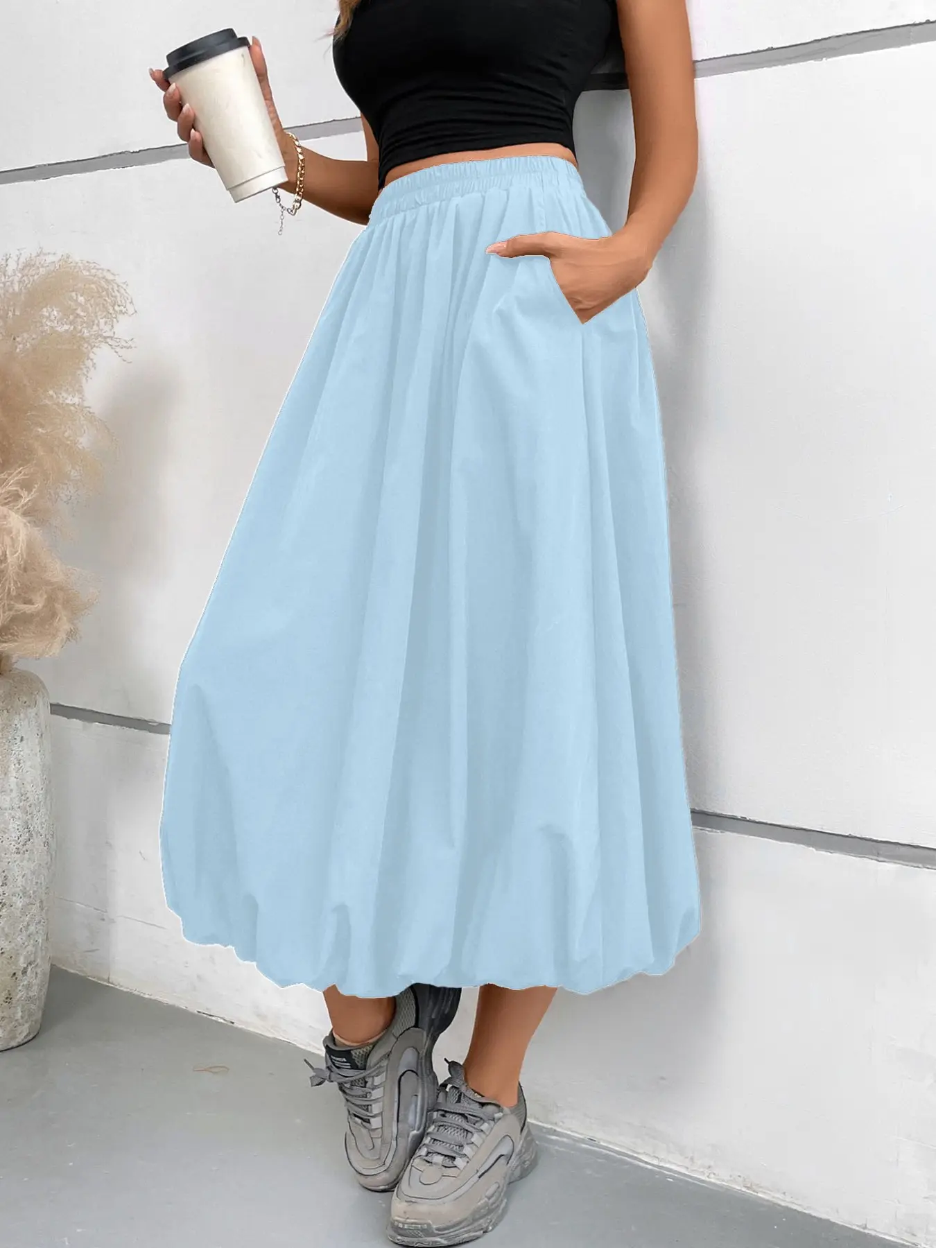 Casual High-Waisted Flower Bud Dress, Solid Elastic Waist Balloon Midi Skirt for Women, Side Pockets, Comfortable and Stylish