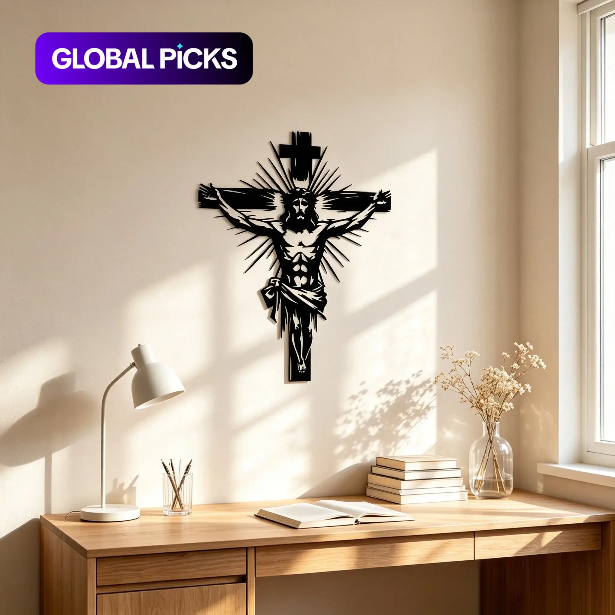 Minimalist Jesus Cross Metal Wall Decor, Outstretched Arms with Radiating Light Points, Stylish Religious Art for Home, Church and Prayer Room #GLOBAL PICKS