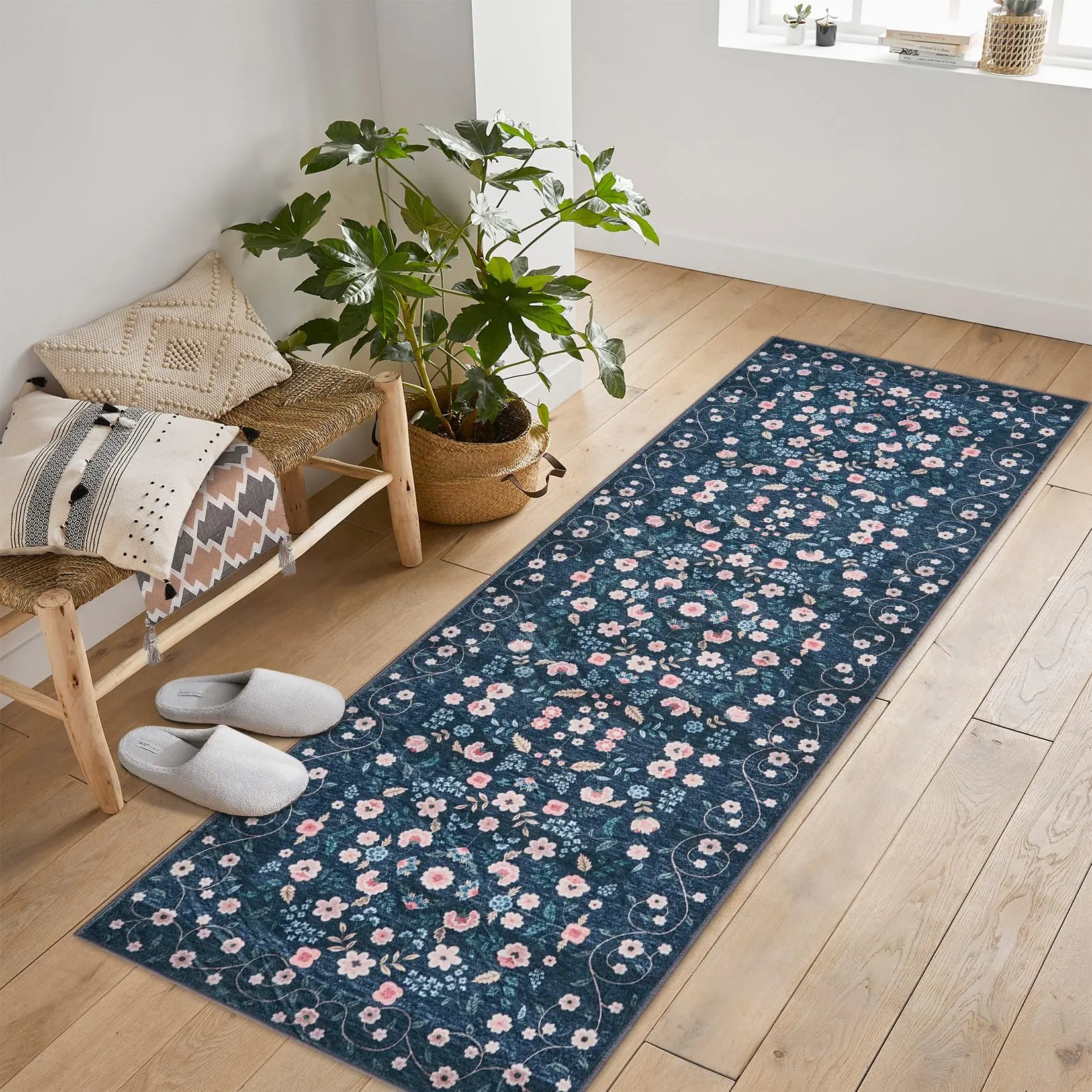 Garvee 2'x6' Washable Floral Runner Rug, Non-Slip Low Pile Carpet for Living Room, Office, Bedroom, Bedside, Entryway - Black