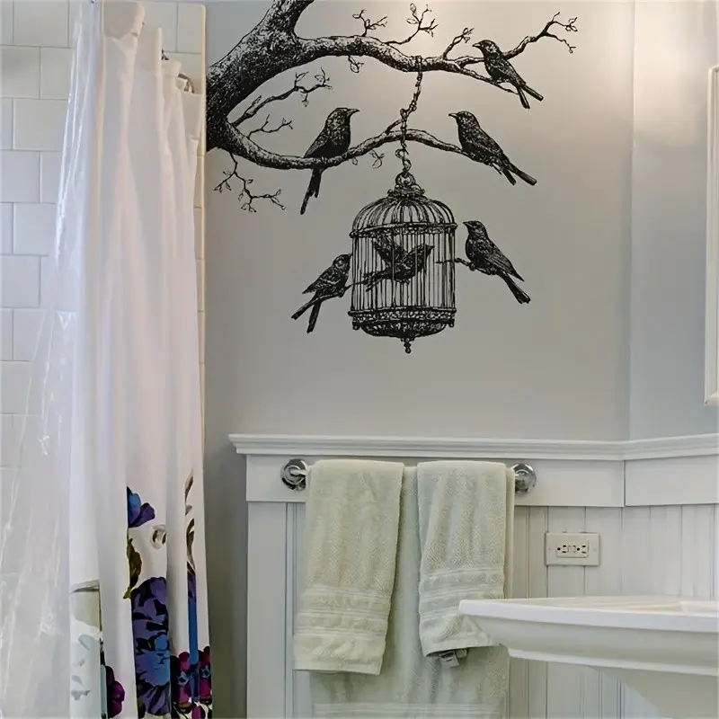 and Birdcage Wall Sticker with Branches, Removable Vinyl Art, Irregular Shape, Easy Peel-Off, Room and Home Office Decor