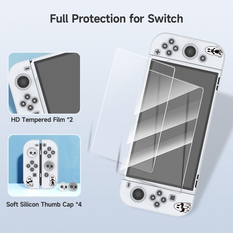 Ghost Pattern Game Console Accessories Set, Game Console Protective Cover with Tempered Film & V-shaped Grip & Rocker Cap, Console Accessories for Switch OLED/NS