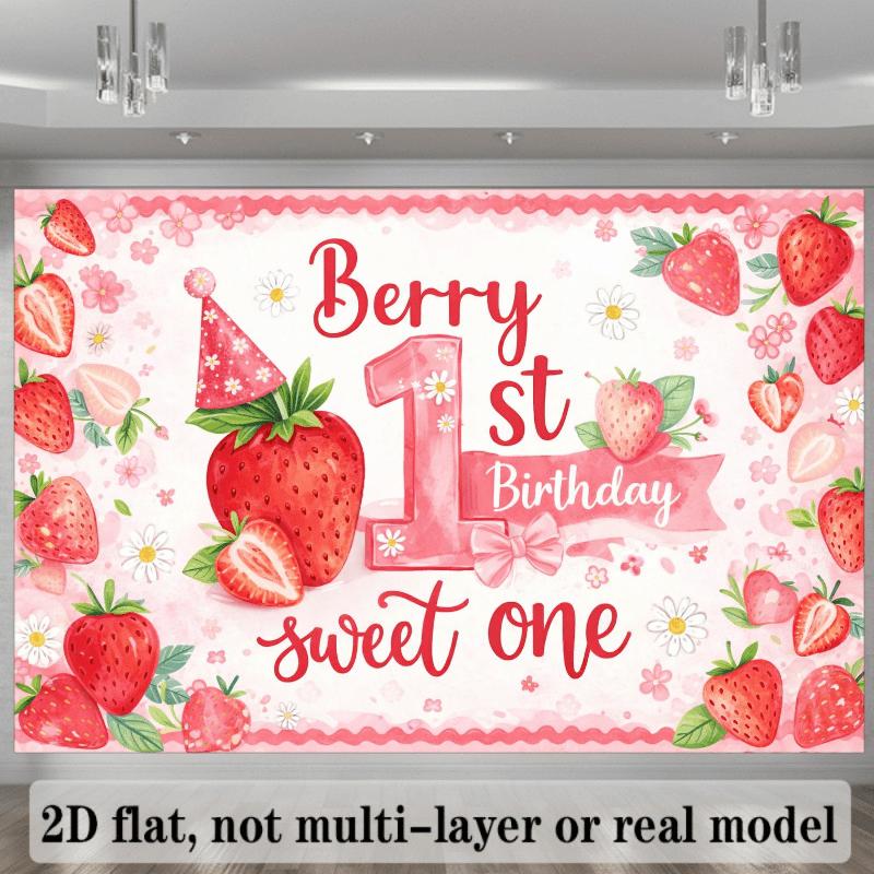 2D Flat Strawberry-Themed 1St Birthday Party Backdrop, Featuring a Pink Number "1" in The Center with Red "Berry 1St Birthday" Artistic Font, Surrounded by Whole And Sliced Strawberries, Green Leaves, White Dai