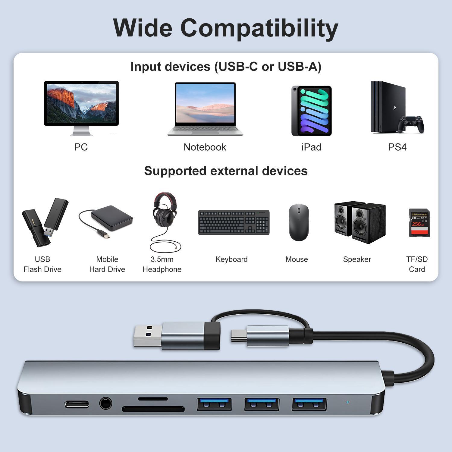 USB Hub USB C Hub USB Splitter 8 in 1 USB Extender with 4 USB Port 1 USBC Port TF/SD Card Reader Audio Output Compatible with MacBook/Pad Pro/Dell/HP Laptop/Phones