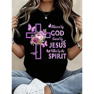 Religious Christian T-Shirt With Cross Flower And Butterfly Design Blessed By God Saved By Jesus Filled By The Spirit Graphic Print For Women Faith Inspired Casual Wear Spring Summer Gift For Christian Friends