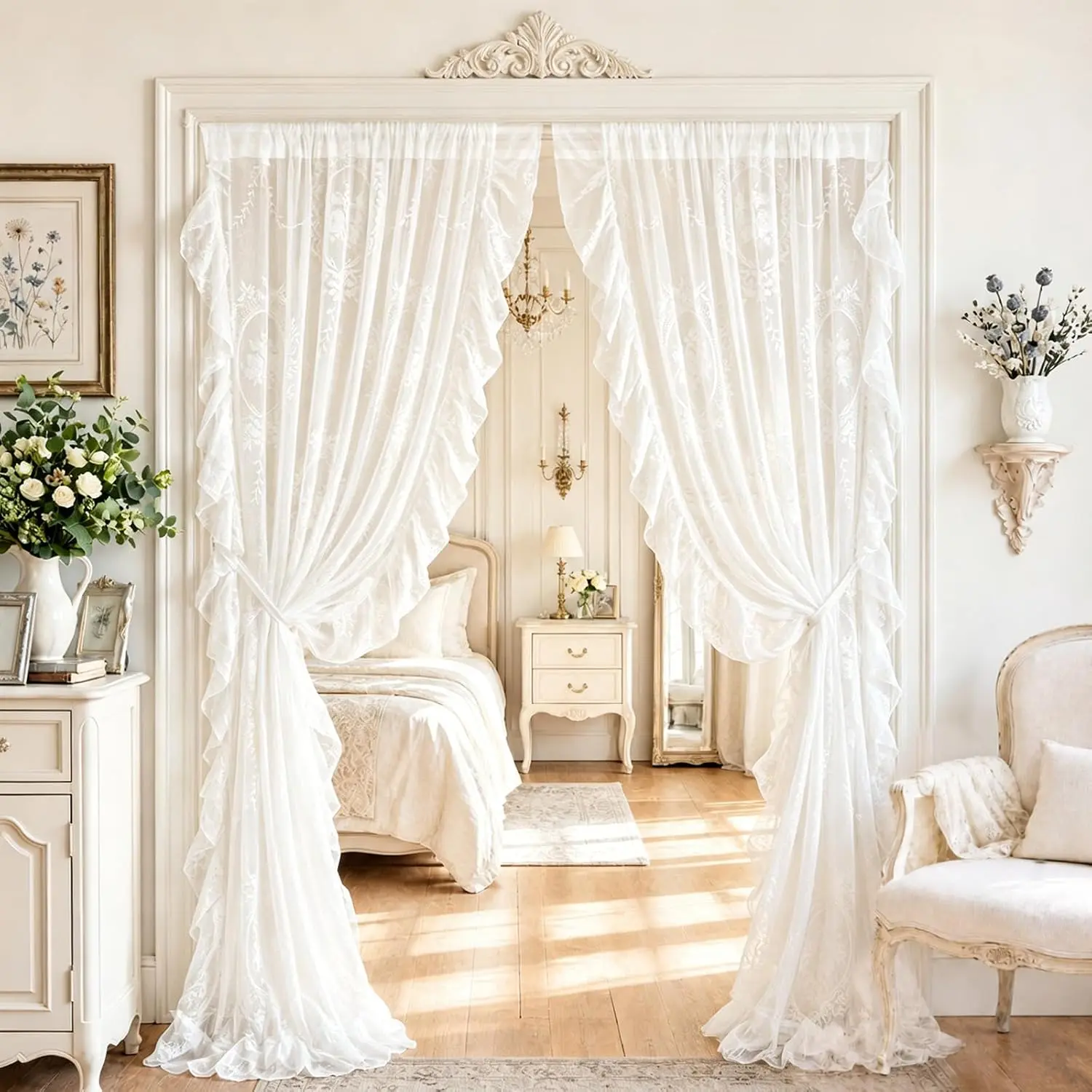 2 Pcs 42 x 80 Inch Lace Ruffle Doorway Curtains Vintage Ruffled Countryside Lace Closet Curtains White Room Divider Door Rod for Bedroom Living Room Closet Door Decor
