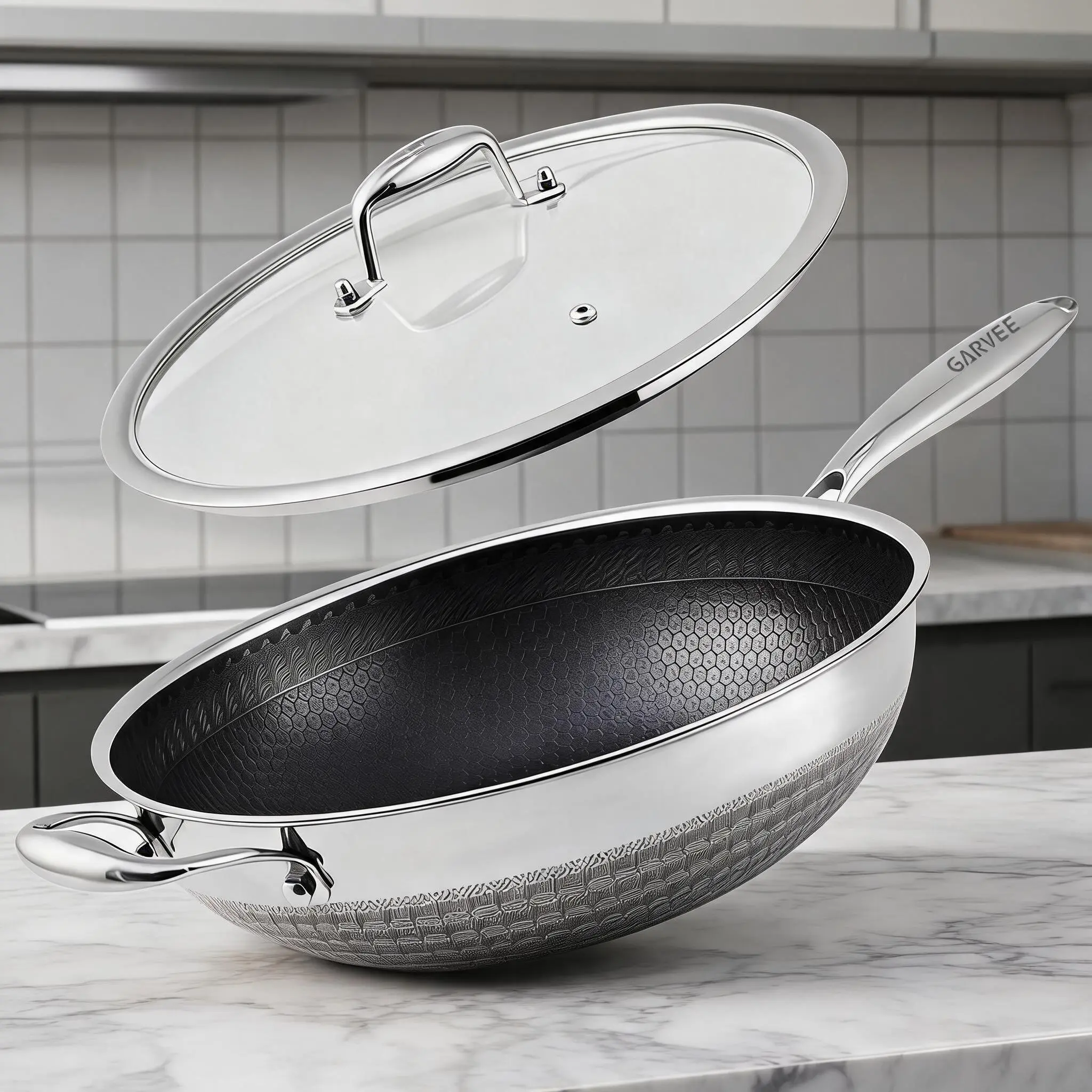 12 Inch Hybrid Stainless Steel Nonstick Wok Pan – Snowclad Technology – PFOA-Free – Tri-Ply Clad – Induction, Dishwasher & Oven Safe – Metal Utensil Safe – With Lid