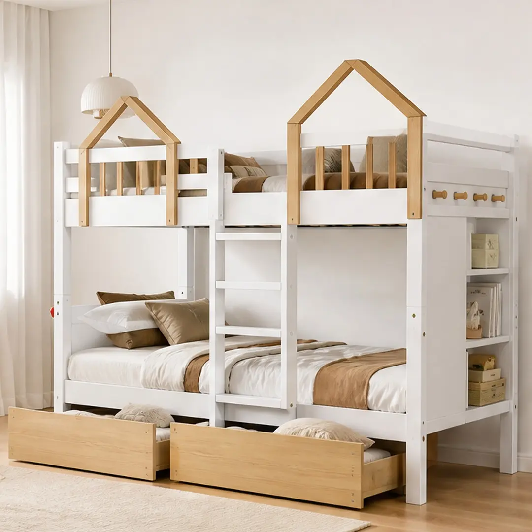 ARCH Twin over Twin Bunk Bed with House-Shaped Guardrails, Storage Shelves, Drawers, Solid Wood+MDF, White+Natural Finish, Kids Bedroom Furniture, Space-Saving Loft Bed with Ladder and Under-Bed Drawers, Playful Treehouse Design, Twin Size Options