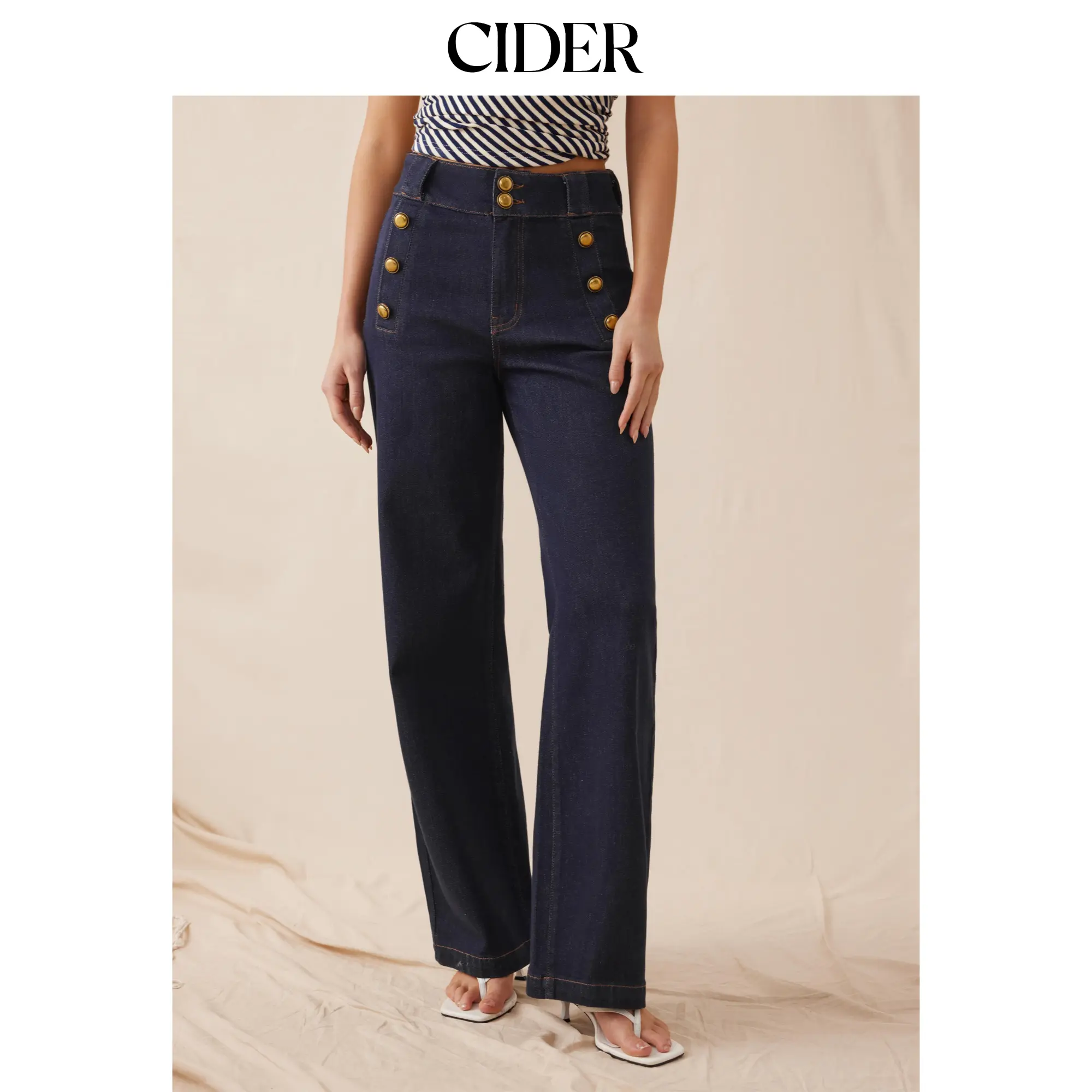 Cider Stretch Denim High Rise Straight Leg Trousers With Metal Detail