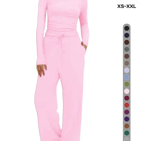 Women's 2/6-piece solid color crew neck long sleeve top and wide-leg pants pajama set, soft comfortable, with drawstring waist and pockets, suitable for fashion, sports, Loungewear