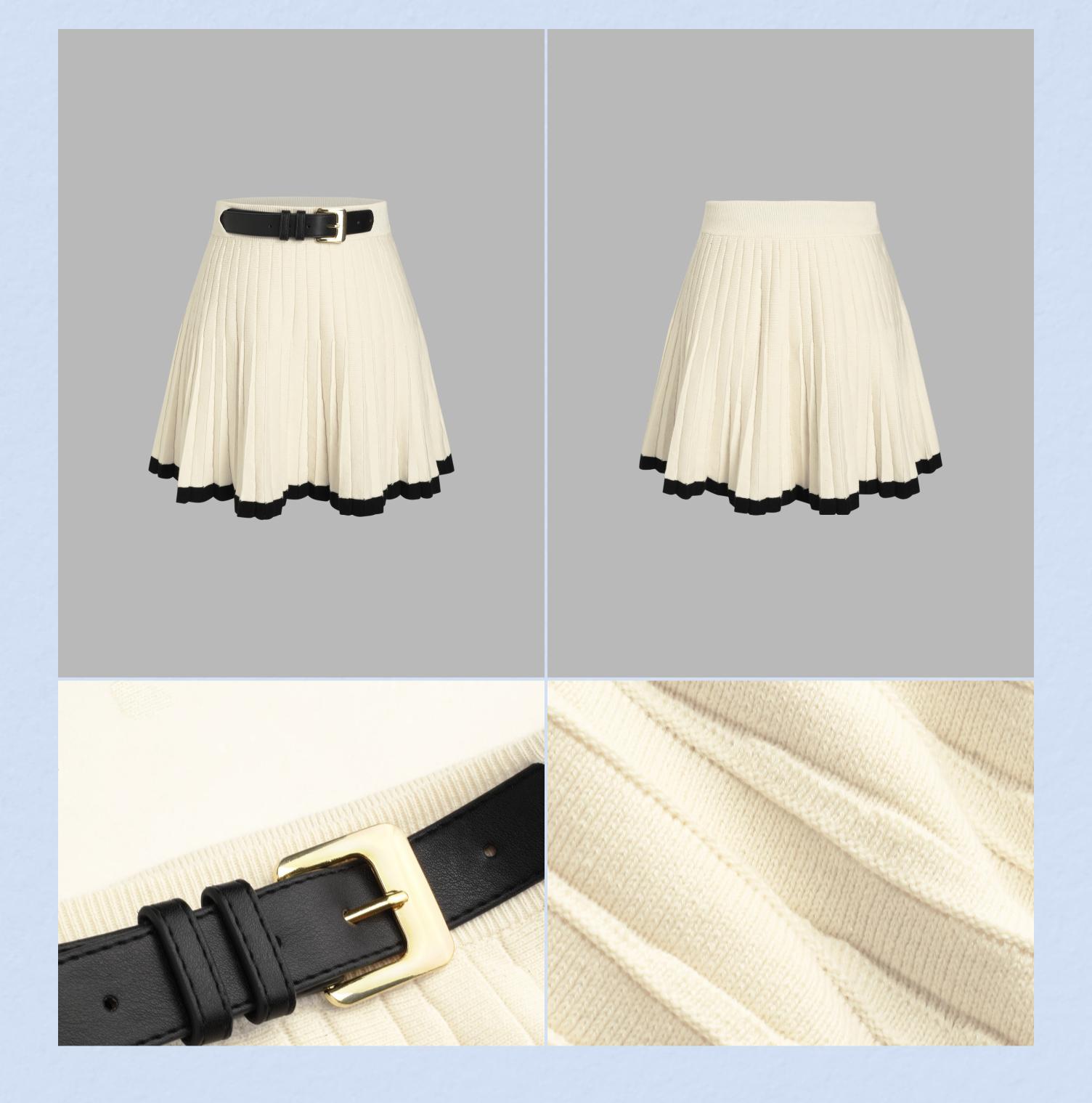 Cider [size 2-10] Solid Knit Mid Waist Pleated Mini Skirt With Belt