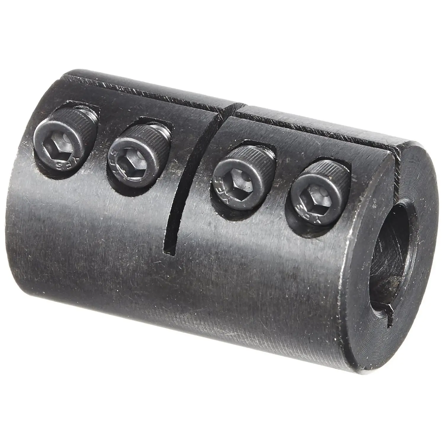 Black Oxide Plated Mild Steel Clamping Coupling, 1/2" x 1/2" Bore, 1-1/8" Outside Diameter, 1-3/4" Length, #8-32 x 1/2" Clamp Screw