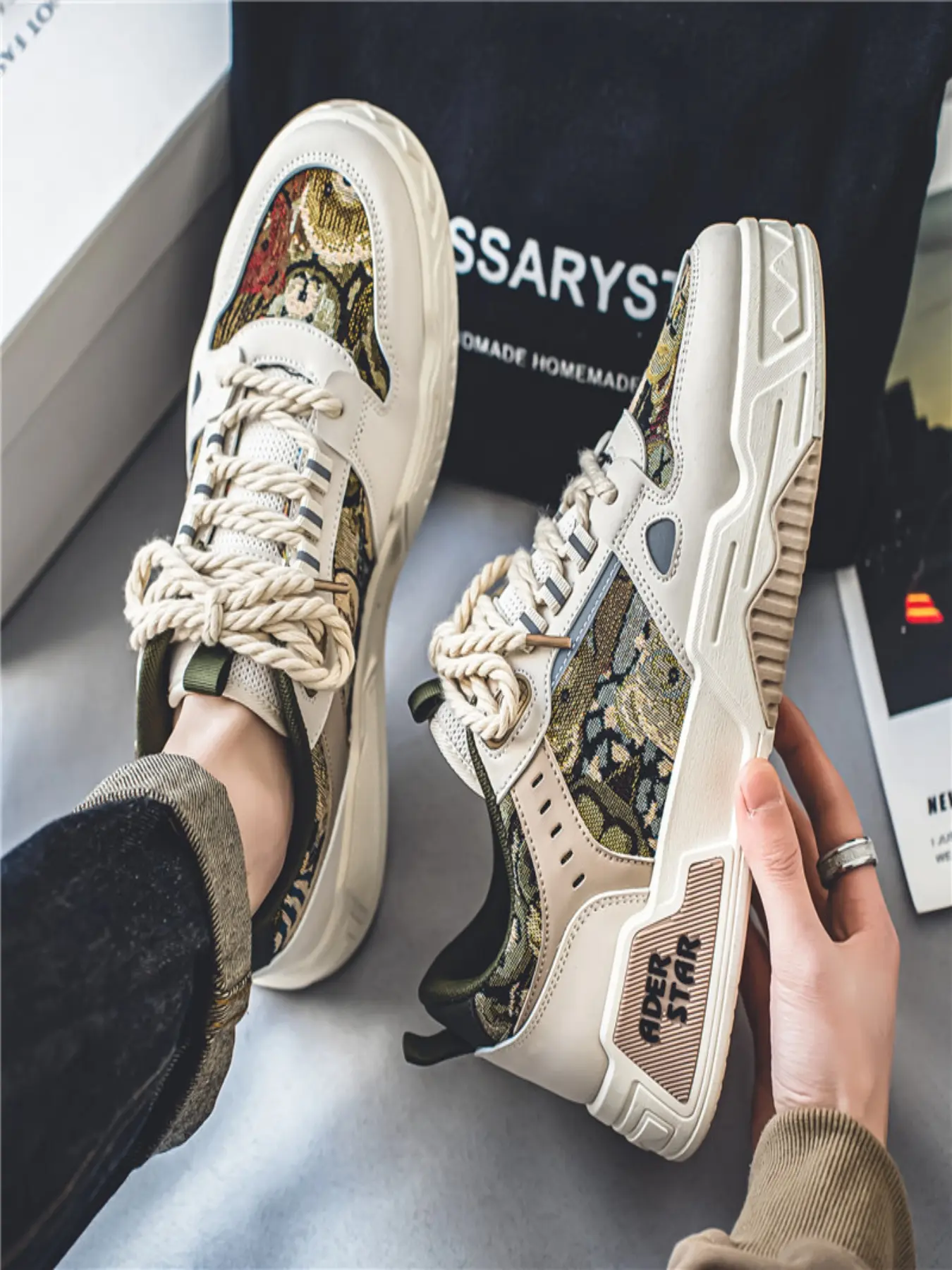 Men Color Block Mid Top Platform Skate Shoes Thick Rope Laces Non Slip Casual Sneakers