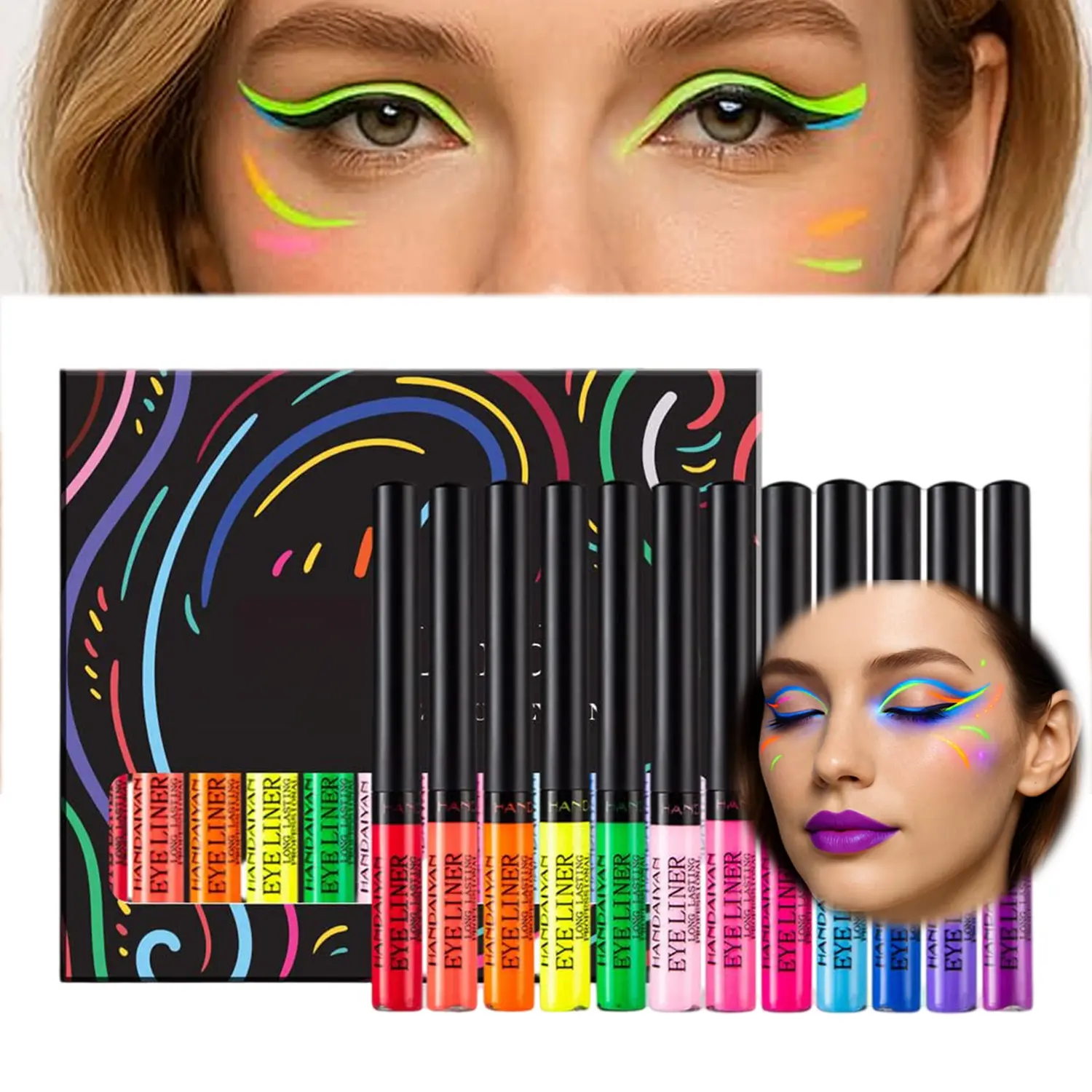 12 Colors Matte Liquid Eyeliner Set, UV Neon Glow Eyeliner, Pigmented Waterproof Smudge-Proof Long Lasting Eye Makeup, Festival Cosplay Gift Kit for Women, Set C