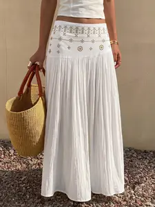 Apricot Bohemian Chic Aesthetic High-Waisted Midi Skirt – Outfit for Island Getaways and Ancient Town Trips in 2026 French Boho Island Vacation Skirt for Women, Rhinestone High Waist Long Skirt, Beachwear Essential for Summer