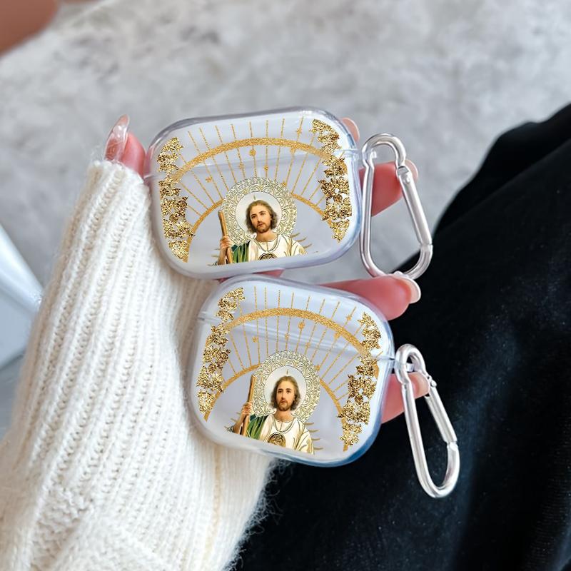 Divine Saintly Radiance Pattern Protective Case for AirPods 4/3/2/1/Pro/Pro2 Soft TPU Earphone Cover, Transparent with Keychain