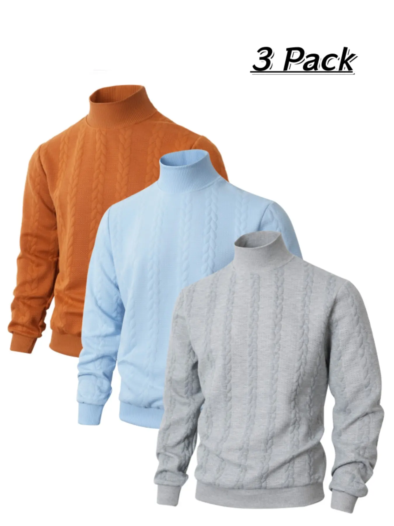 3‑Pack Men's Mock Turtleneck Sweater, Cable Knit Pullover Tops, Soft Warm Long‑Sleeve Slim Fit Casual Knitted Shirts For Autumn Winter Daily Wear