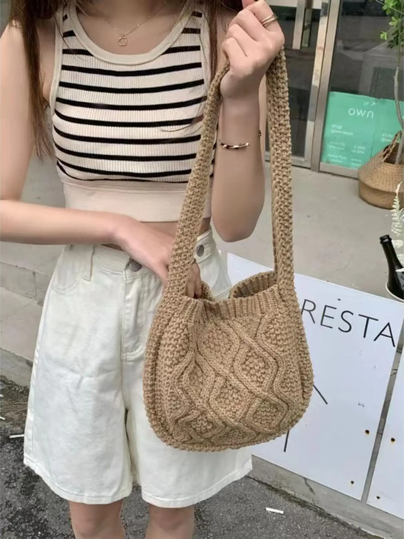 Women's Boho Crochet Shoulder Bag, Large Capacity Shopping Bag, Breathable Knit Handbag, Ideal for Daily Use & Travel, Foldable & Elastic