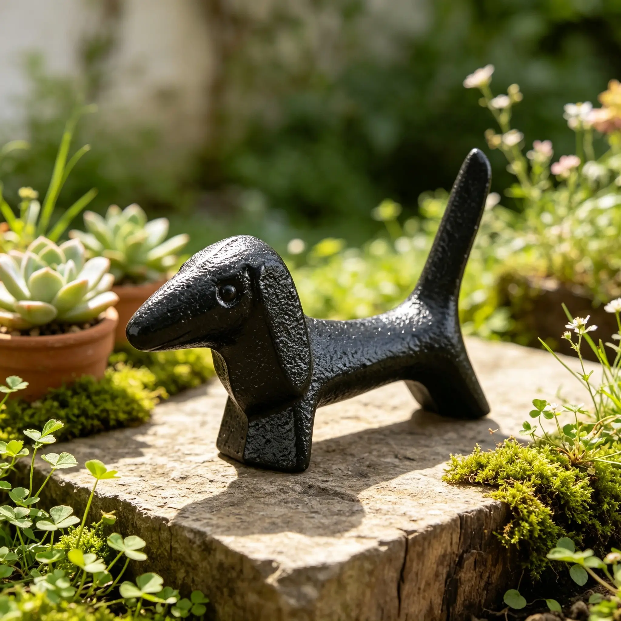 Cast Iron Puppy Garden Statue Ornament, Cute Miniature Multi-Purpose Iron Art Weiner Dog Garden Bonsai Sculpture, Decorative Gardening Piece