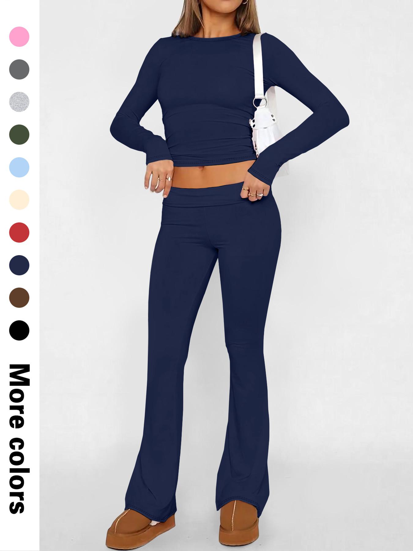 Two-Piece Set Women's Solid Color Long Sleeve Crop Tee & Flare Leg Pants, Casual Fashion Cozy Round Neck Top & Bell Bottom Trousers for Daily Outdoor Wear, Women's Clothing for Fall & Winter