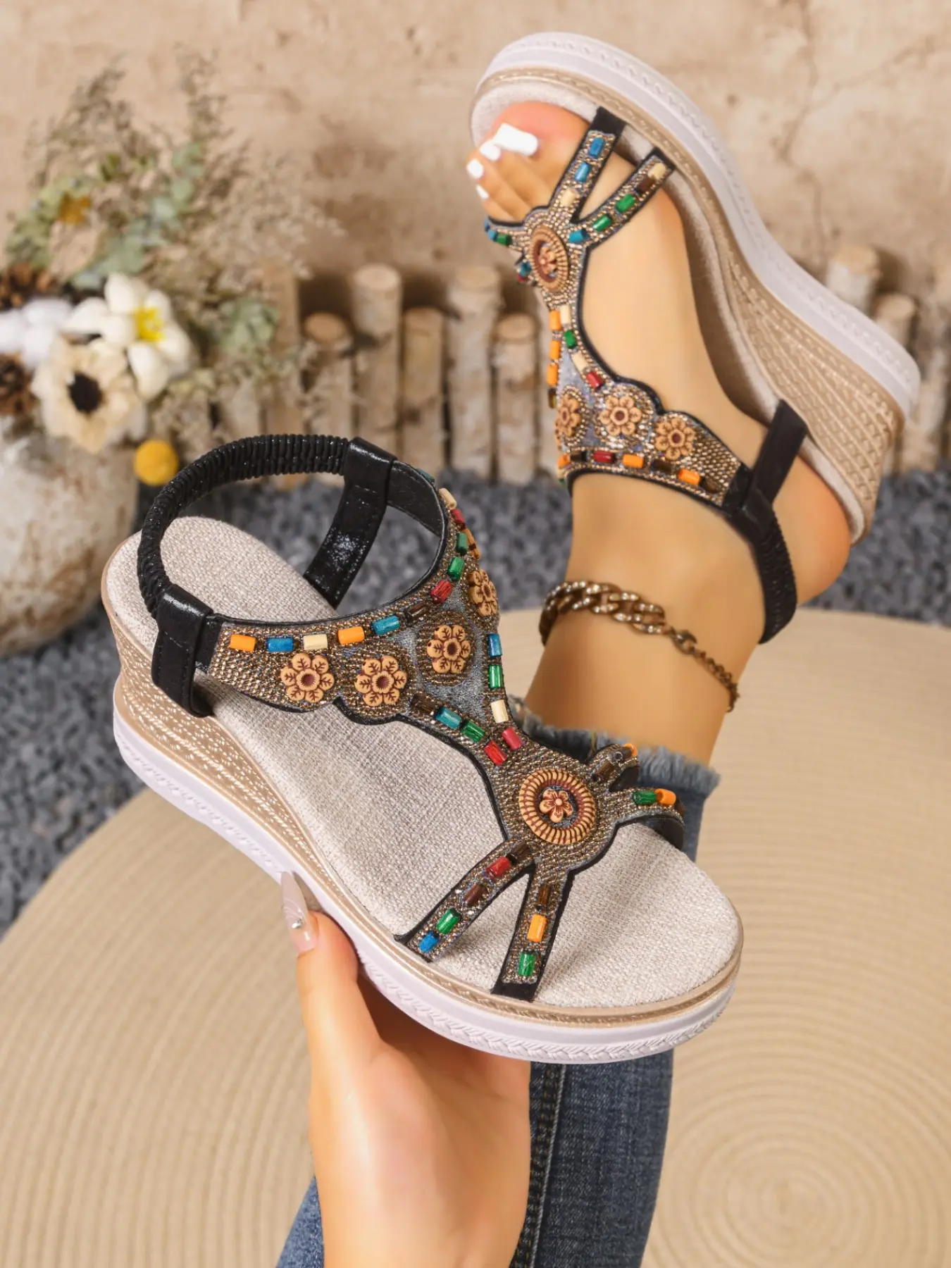 Boho Style Wedge Casual Summer Embellished Sandals for Women, Summer Thick Sole Waterproof Platform Open Toe Rhinestone Ethnic Style Shoes