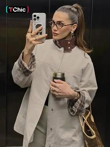 women's fashion colorblock faux leather jacket, casual loose plaid patchwork coat with pockets, british style windbreaker outerwear