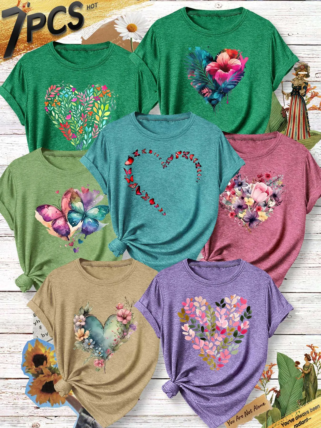 7Pcs Women Crew Neck T-shirt, Watercolor Leaf Floral Heart Gradient Butterfly Art Print, Multi-color Soft Fashion Casual Ladies Tees