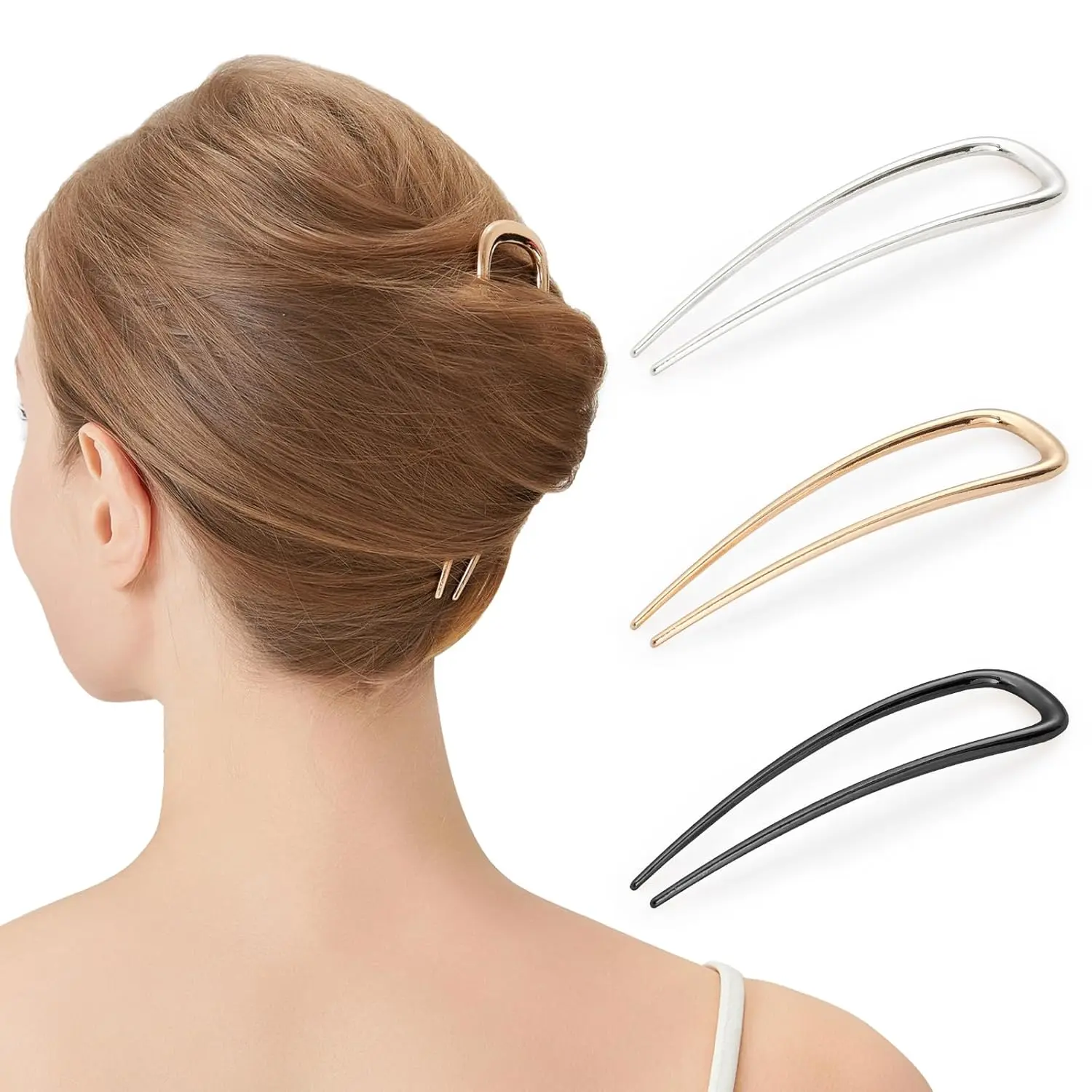 Women's Solid Metal U-Shaped French Hair Pins - 3-Pc Set for Buns, Elegant Hairstyles & French Twist, Female Hair Accessories