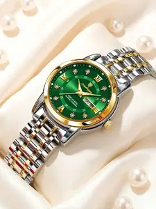 Women Watch Two-Tone Stainless Steel Band Emerald Green Sunburst Dial Crystal Roman Mark Day Date Waterproof Quartz Wristwatch Luxury Elegant Ladies Watch Gift for Girlfriend Mom Office Daily Quartz Analog Watch