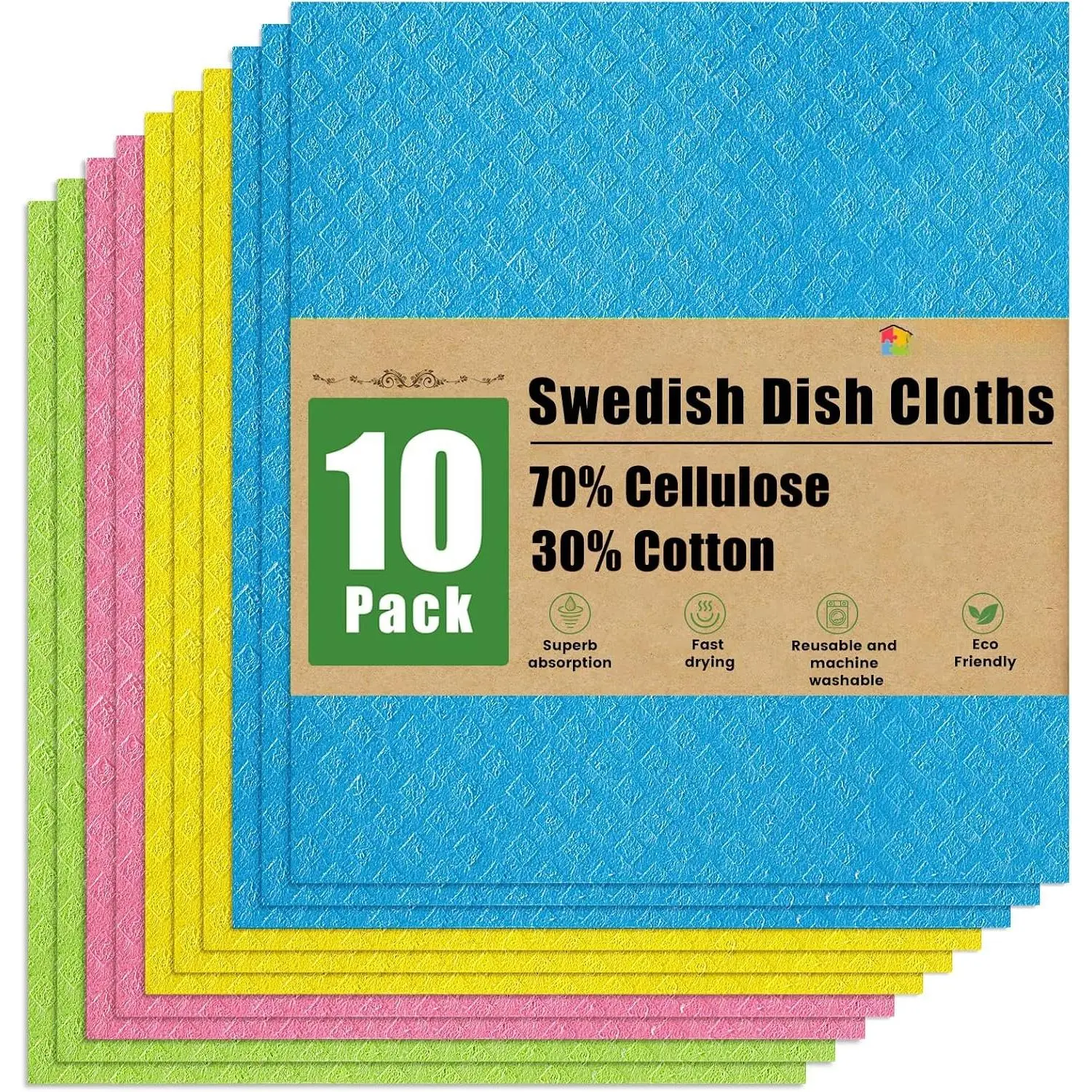 Swedish Dishcloths for Kitchen, 10 Pack,  |  and Washable Cellulose Sponge Cloths Dish Towels, Absorbent and No Odor Paper Towels for Dishes & Counters