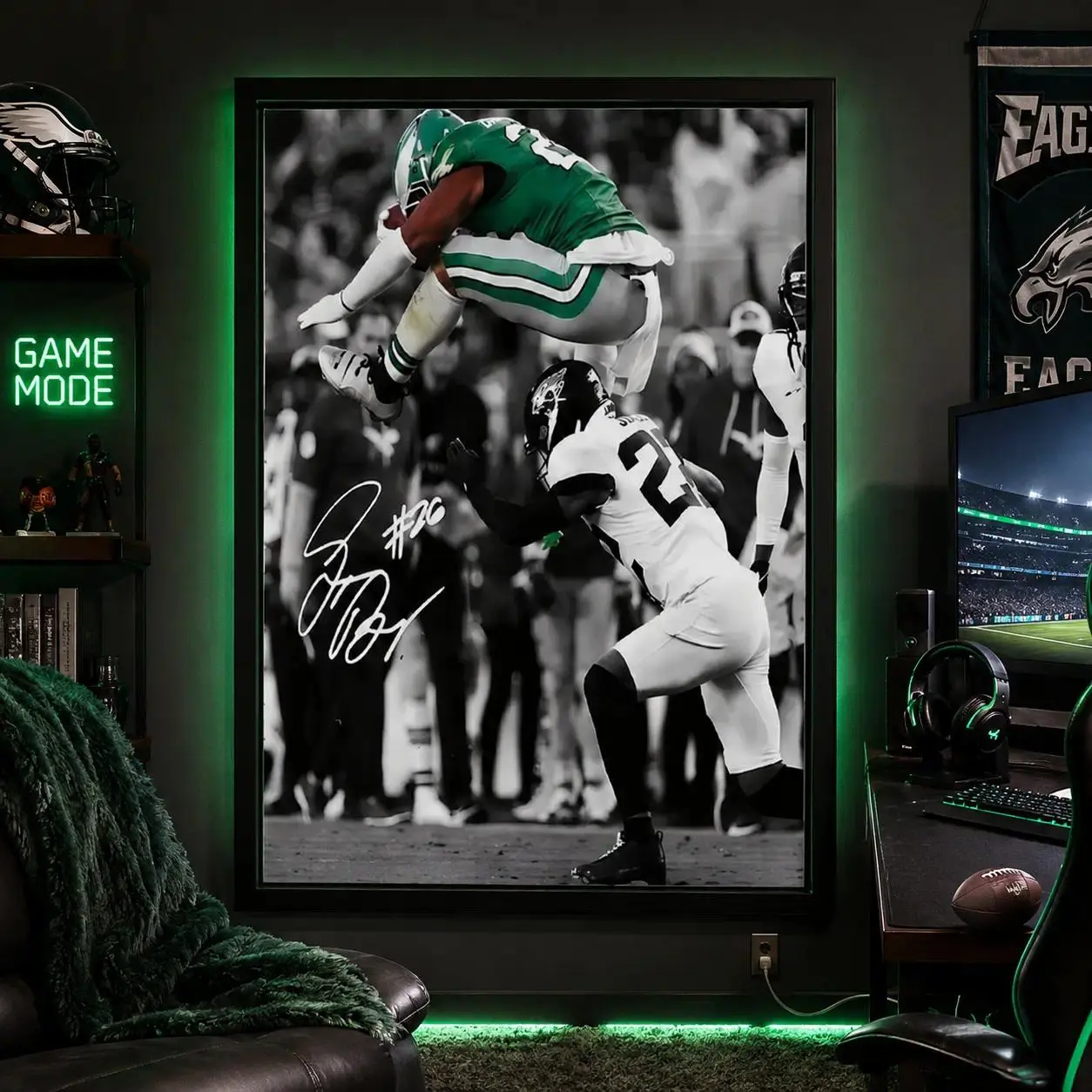 Saquon Barkley Hurdle Framed Canvas Wall Art Poster,Philadelphia Football Action Poster for Man Cave, Game Room or Sports Fan Gift