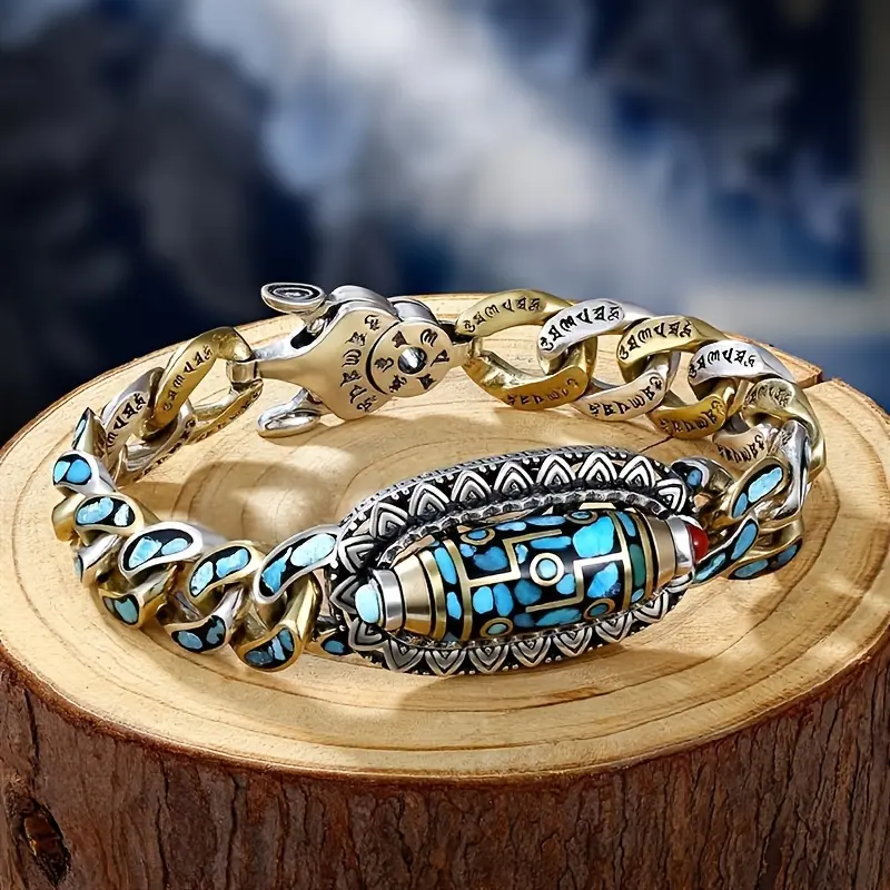 Men's Vintage Etched 6-Character Mantra 9-Eye Dzi Bracelet - Ethnic Fortune-Bringing Costume Jewelry Fashion Accessory for Male Adults Gift, Turquoise Inlay, Skin-Friendly, Rotatable Dzi, Mantra Engraved, Adjustable Sizes, Auspicious, Family, Bring Health