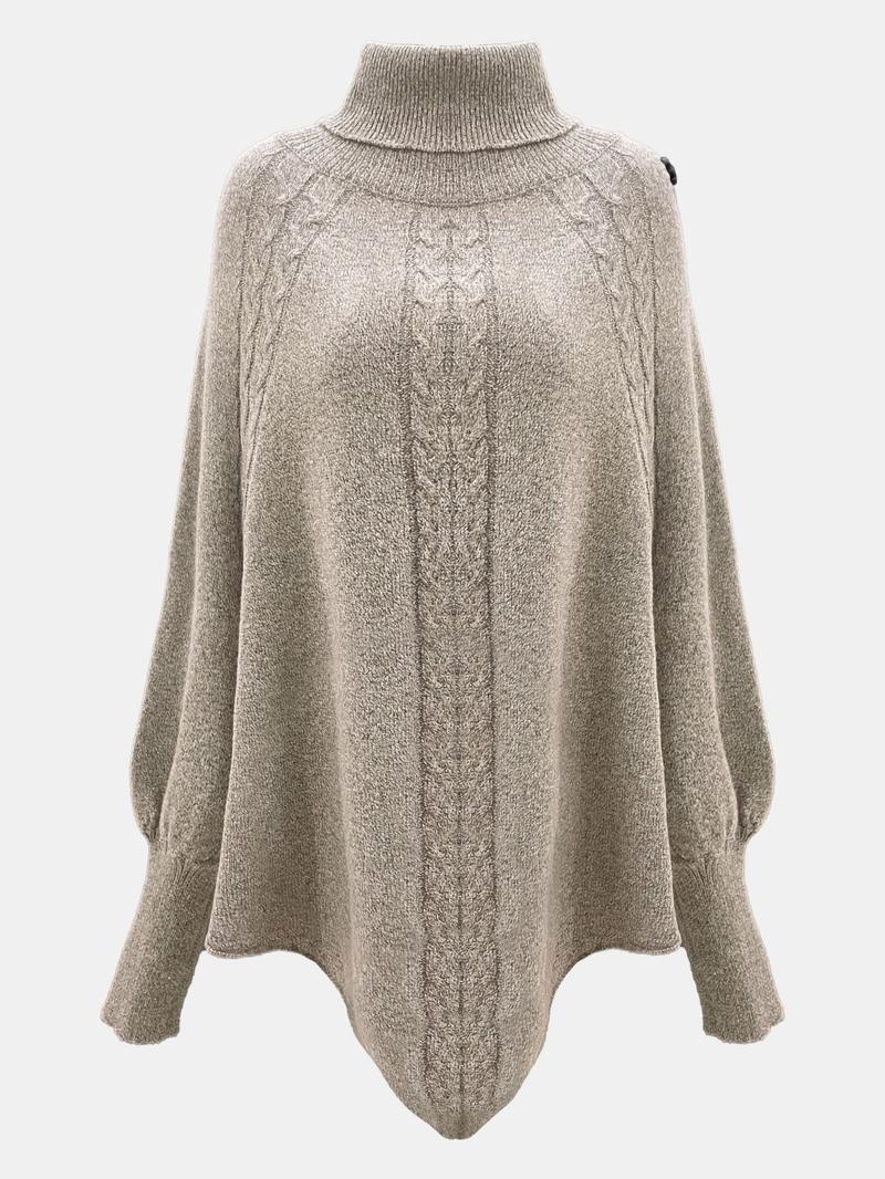 Women's Plain Fake Buttons Batwing Sleeve Sweater, Casual Long Sleeve High Neck Jumper for Fall & Winter, Fashion Ladies' Knitwear for Daily Wear