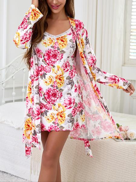 Sweet Floral Print Women's Long Sleeve Robe + Cami Dress Set, Elegant Comfortable Sleepwear Suit, Casual Home Wear, Spring & Fall Fashion