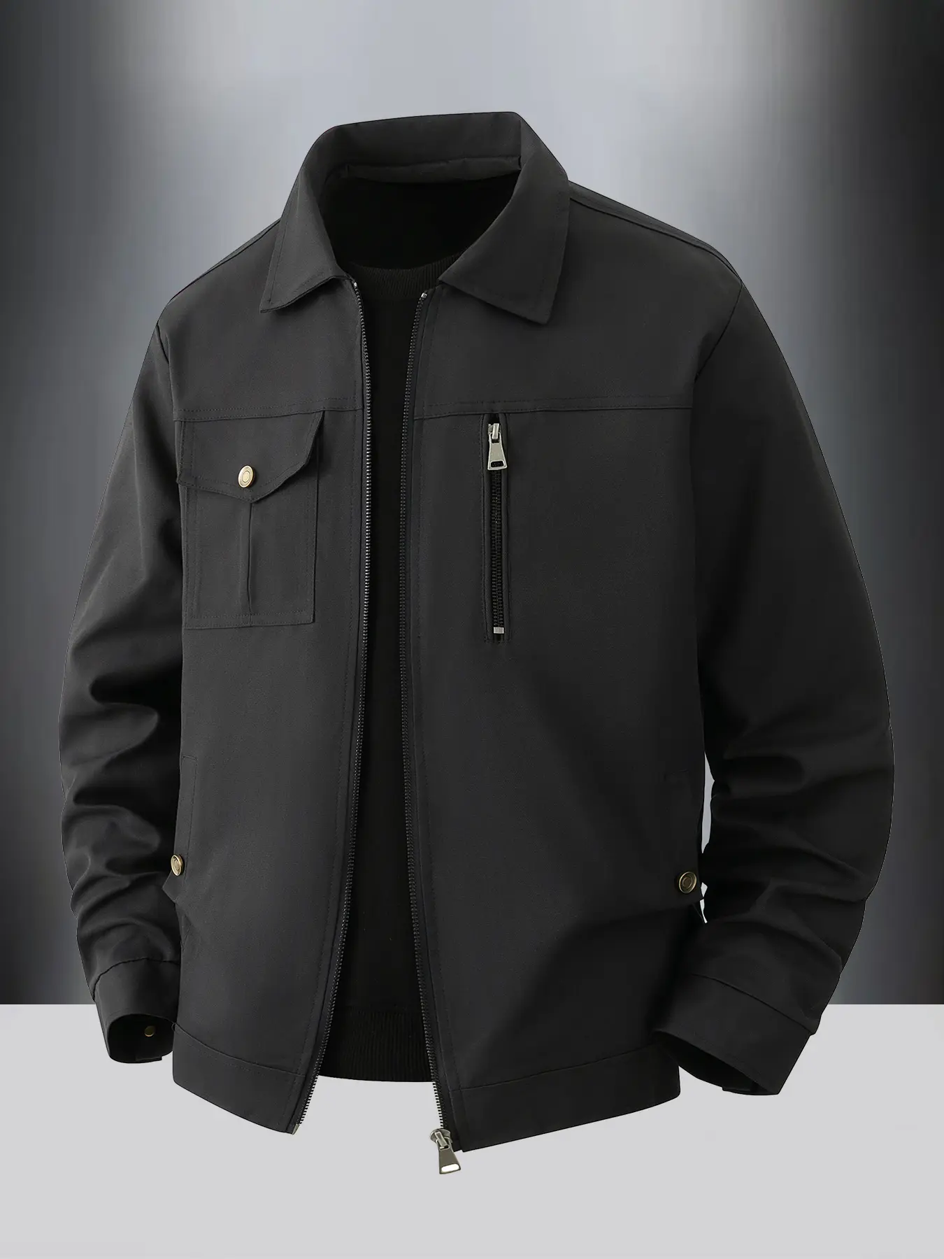 Men's Spring and Autumn Casual Jacket, Zipper Closure - Chest Pocket Design, Versatile workwear collar jacket, 100% polyester fiber, easy to care for fabric, machine washable, suitable for daily outings, sports and casual wear, and formal attire