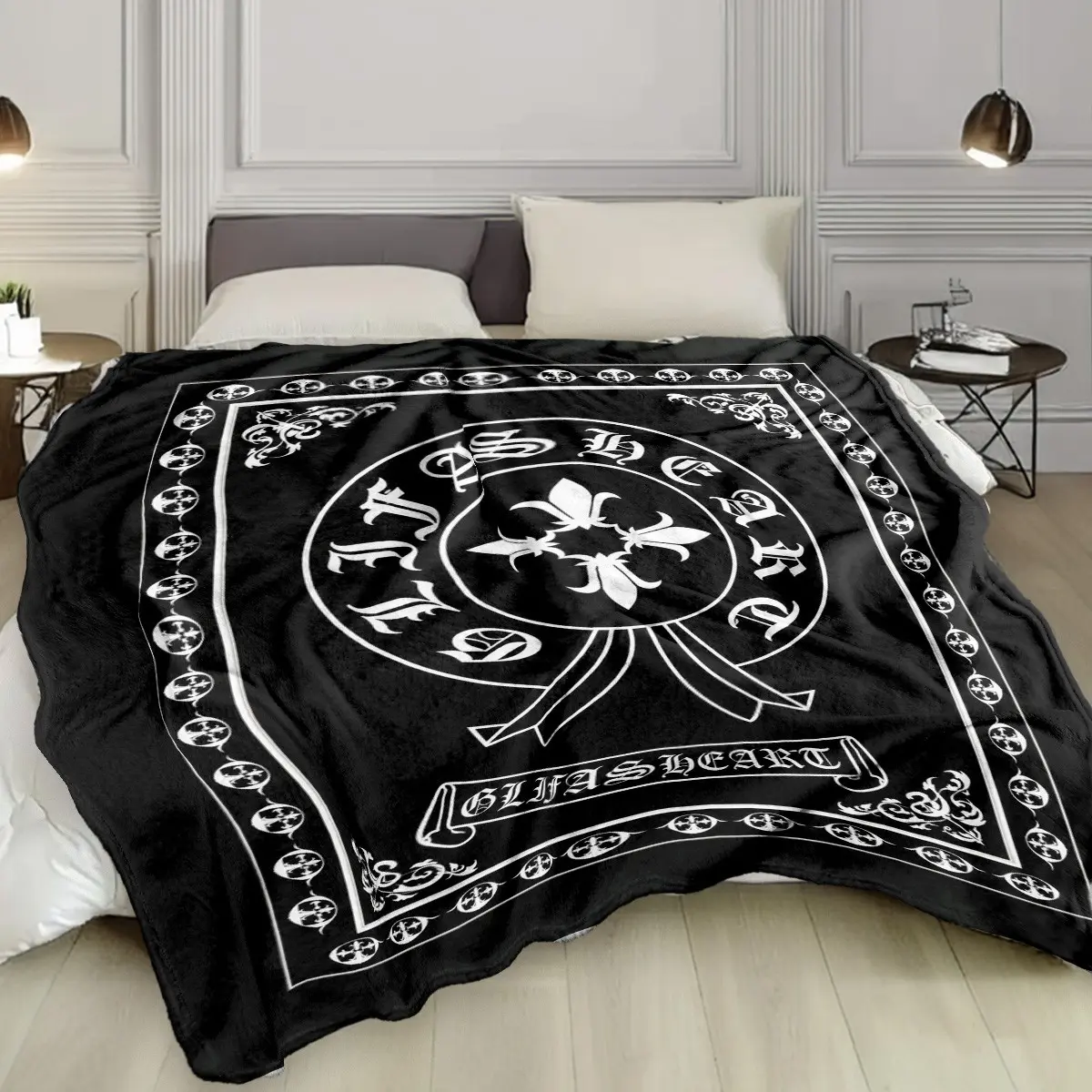 1pc Black Background White Retro Gothic GLIFASHEART Letter Themed Fleece Blanket, full printed fleur-de-lis emblem, gothic circular blackletter font, border cross patterns, scroll floral ornaments, ribbon pendants, banner slogans, gothic dark retro Baroqu