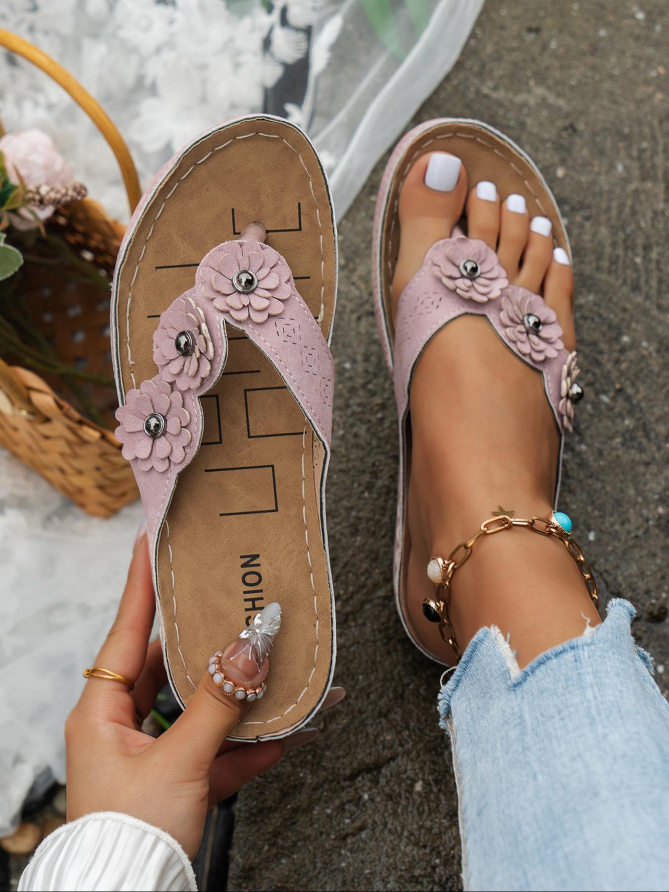 Women's Fashionable Flower Decorated Flip Flops, Casual Comfortable Platform Sandals for Summer, Lightweight Breathable Shoes for Daily Wear, Girl, Boho Sandals