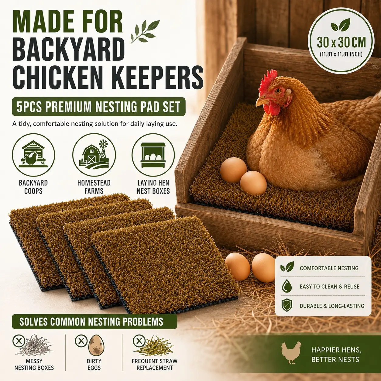 5pcs Chicken Nesting Pads, 30x30cm Tidy Reusable Artificial Grass, Washable Synthetic Grass Mats, Hen Laying Boxes, Chicken Coop Accessories, Backyard Homestead Farms Chicken Keepers