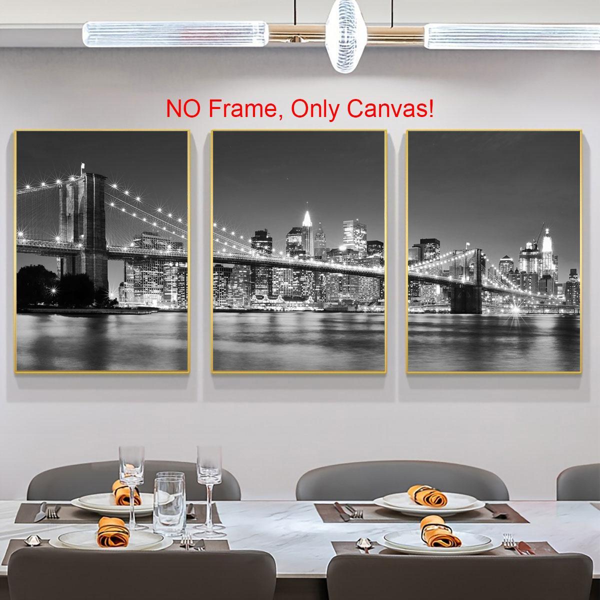 City Night Bridge Pattern Canvas Poster Cityscape Print without Frame, 3 Counts/set Architecture Themed Wall Art Wall Decor for Home Living Room Bedroom Office Wall Art Decoration