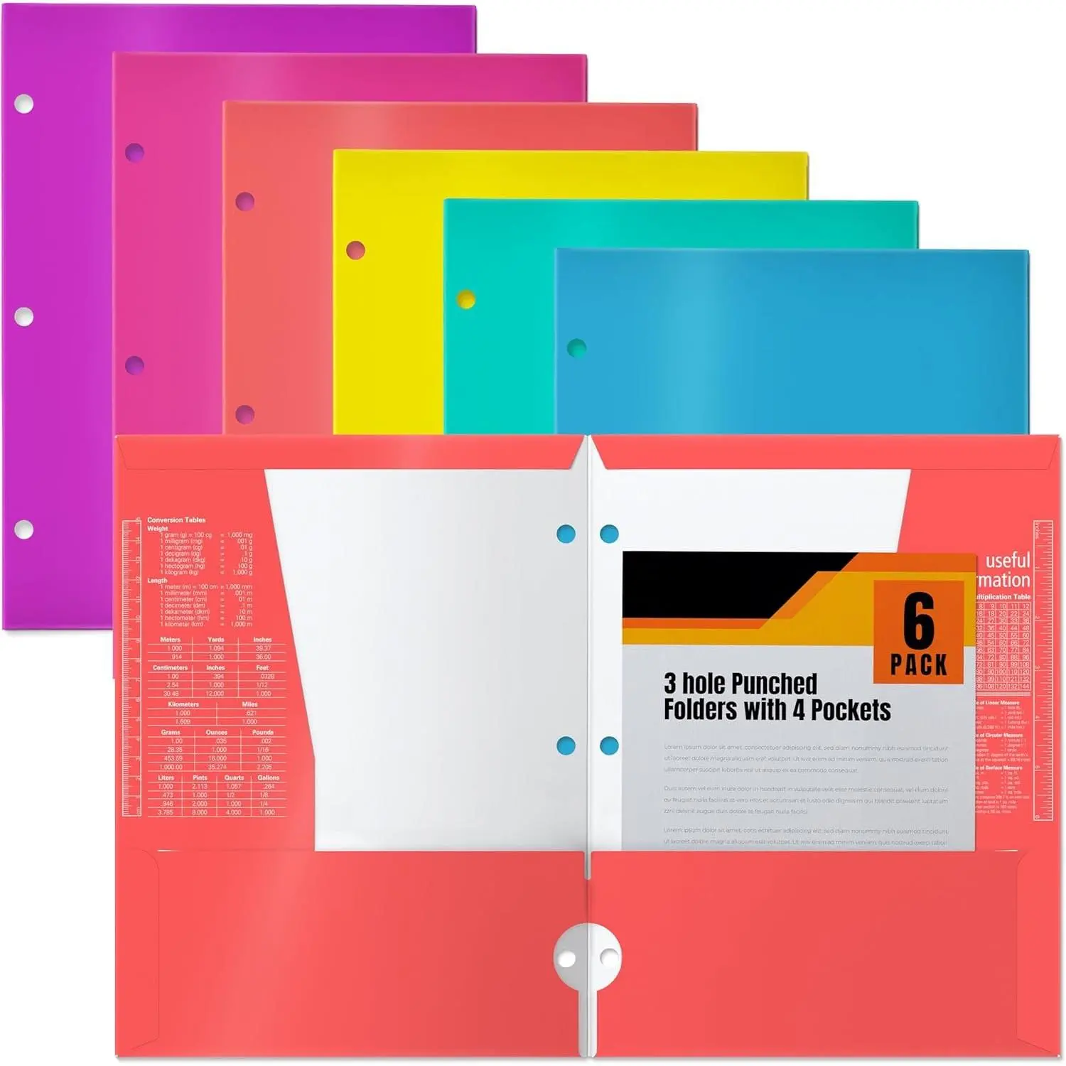 4 Pocket Glossy Laminated Paper Folders (6 Pack), 3 Hole Punch Portfolios,  Colors,(Brights)