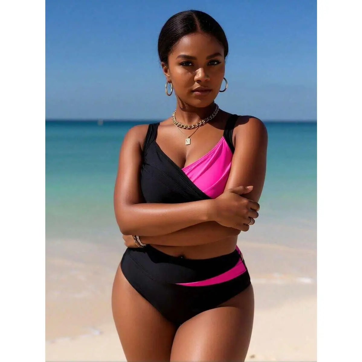2026 New Plus Size Women's Sexy Fashion Black & Hot Pink Cross High-Waist Two-Piece Bikini For Vacation & Leisure Swimwear