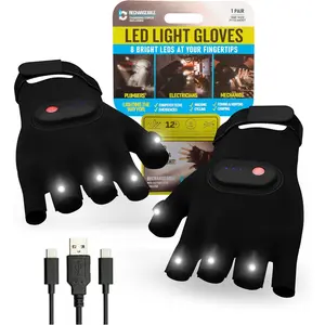 Adult 8-Light LED Flashlight Gloves, Open Palm Fingerless Rechargeable 3-Mode Work Gloves with USB Port & Cable, LED Lights Essential for Electricians, Camping