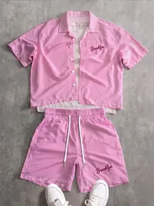 Men's Y2K Streetwear 2-Piece Outfit, Gingham Cropped Shirt With Brooklyn Print Matched With Drawstring Elastic Waist Shorts, Suitable For Daily Wear, Casual Gatherings And Street Outings