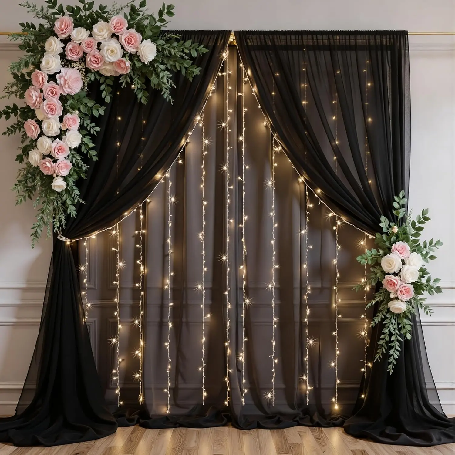 Black Tulle Backdrop Curtain with String Lights, 10x8ft Sheer Black Backdrop Curtain for Photography, Gothic Wedding, Halloween, Birthday,Graduation, Gala,  Party Decorations