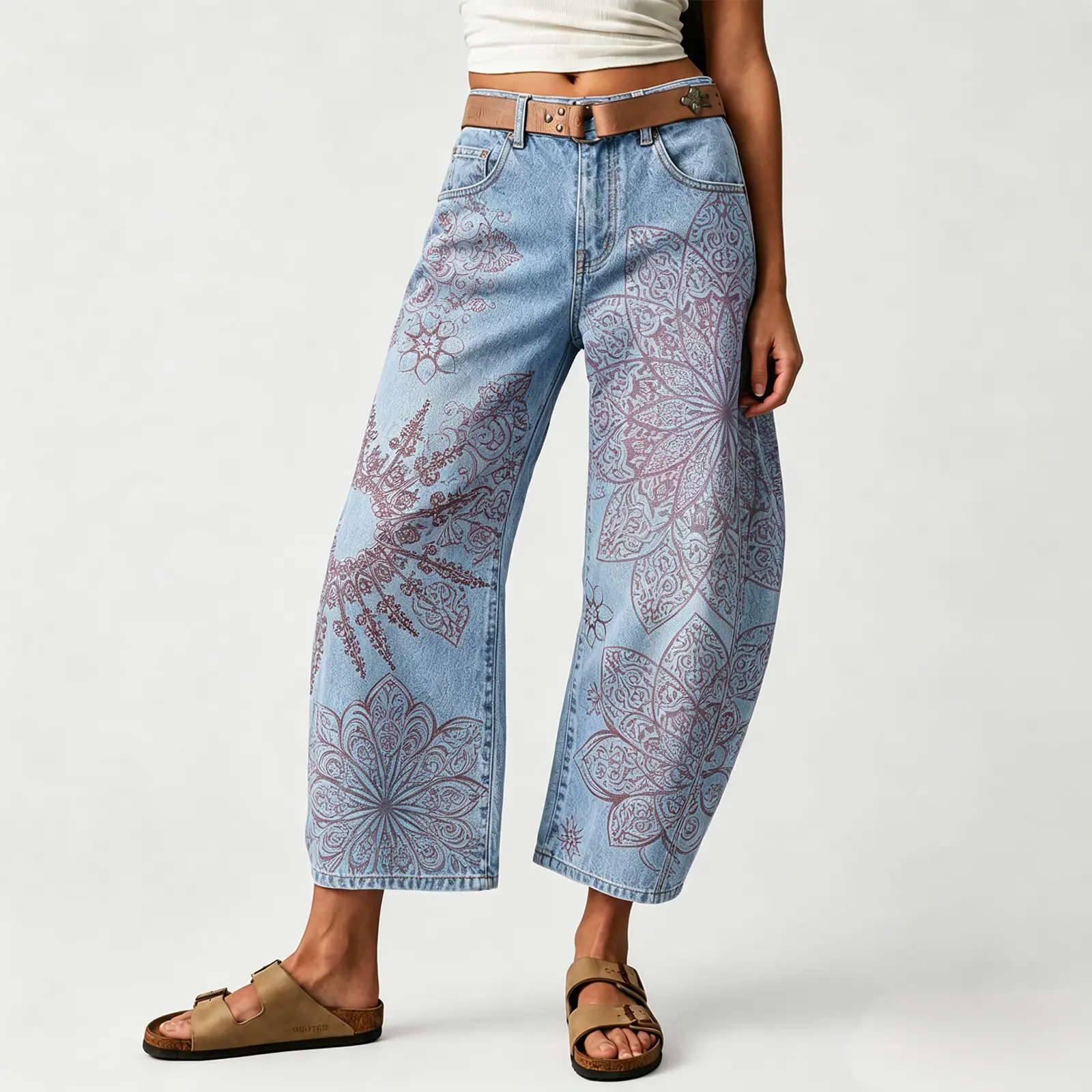 Women's vintage-wash wide-leg jeans; Y2K-style loose-fitting trousers; soft pink base with a bohemian floral print; suitable for year-round outdoor activities and streetwear styling.