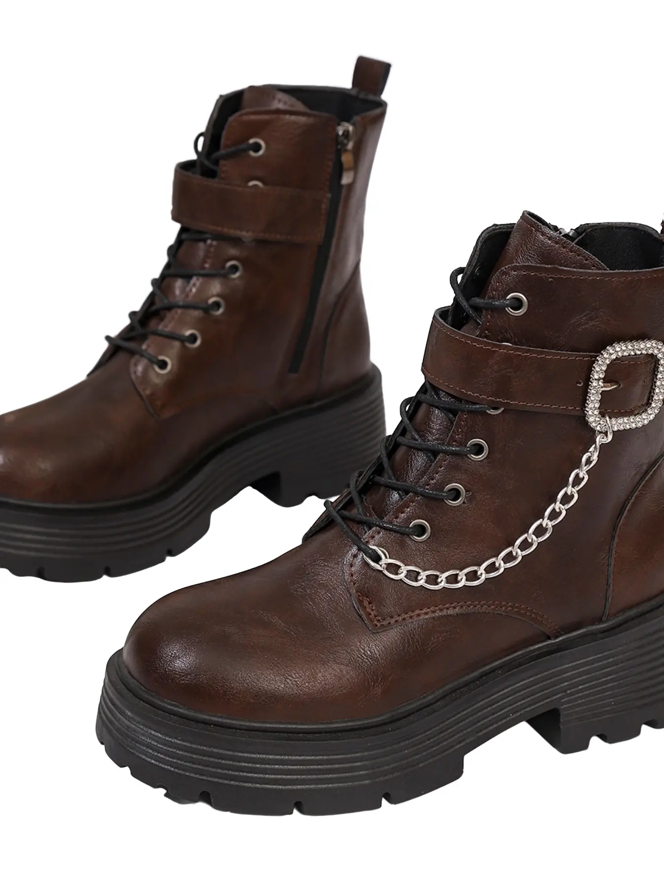 European and American Style Rhinestone Buckle Chain Short Boots, Round Toe Lace-Up Thick Sole Height-Boosting Motorcycle Boots, Chain Platform Boot