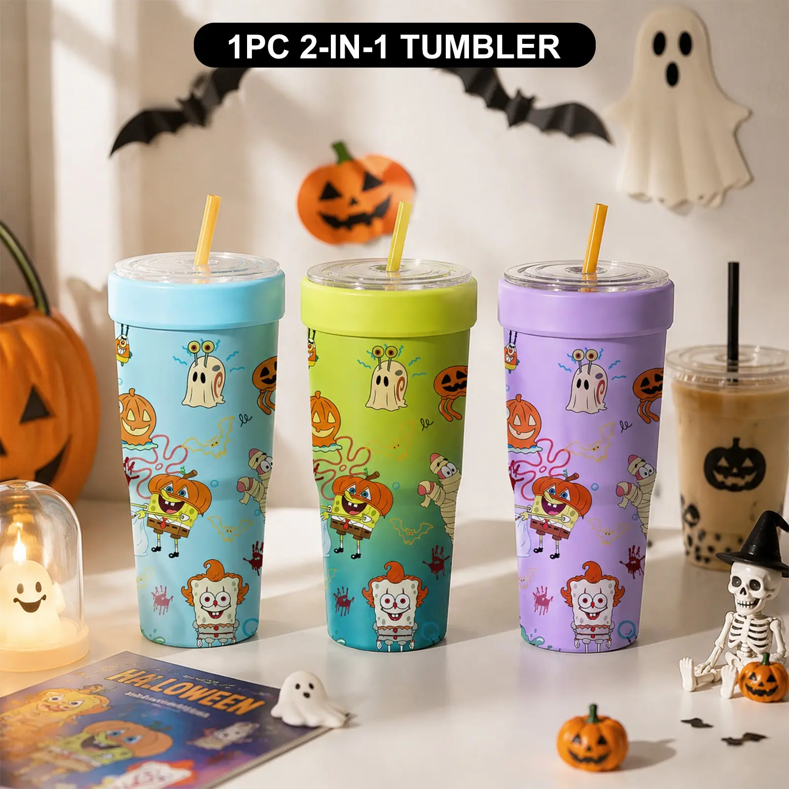 1PC 32oz Cute Halloween Cartoon Print 2-in-1 Insulated Tumbler & Iced Coffee Cup Sleeve, Leak-Proof Double Wall Vacuum Stainless Steel Travel Mug, Cold 12+H & Hot 6+H, Fits 16–24oz To-Go Cups, Halloween Gift for Friends & Family