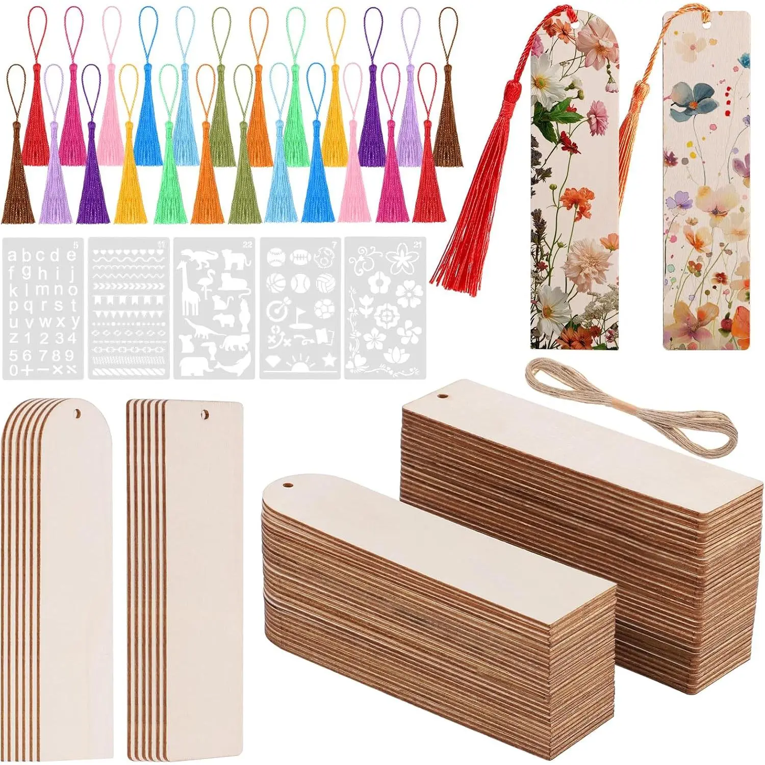 126 count Bookmark Making Kit, 60  Bookmarks with Tassels & Templates | Unfinished  bookmarks, smooth surface, 2 shapes, 12-color tassels,  stencils for DIY Crafts,Party Favors