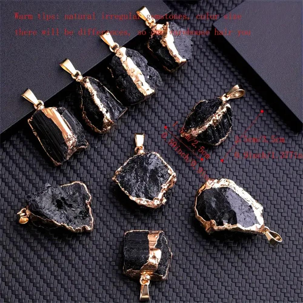 Natural Black Tourmaline Raw Stone Gold Plated Edge Pendant Necklace with Black Leather Cord, Healing Crystal Protection Jewelry, Trendy Minimalist Energy Stone Necklace for Men Women, Spiritual Negative Energy Cleansing Amulet for Daily Wear