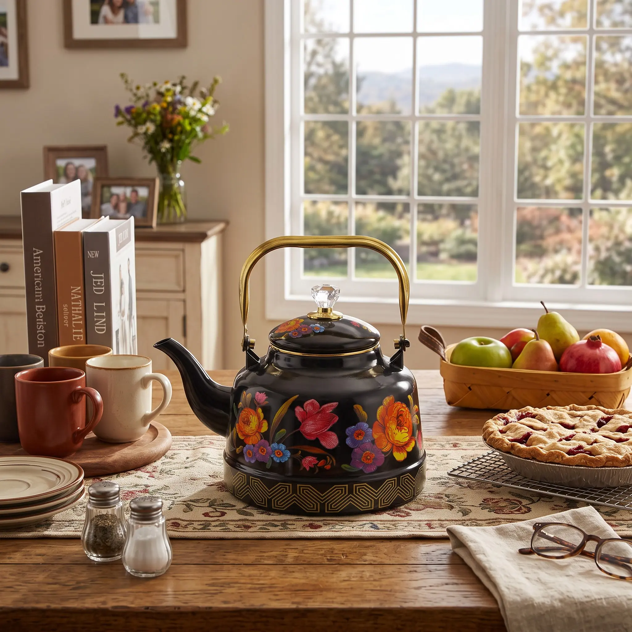 Christmas Festival Enamel Mirror Clock Pot 2.5L, Water Kettle, Coffee Maker, Tea Set, Kitchenware, Gift for Home Office