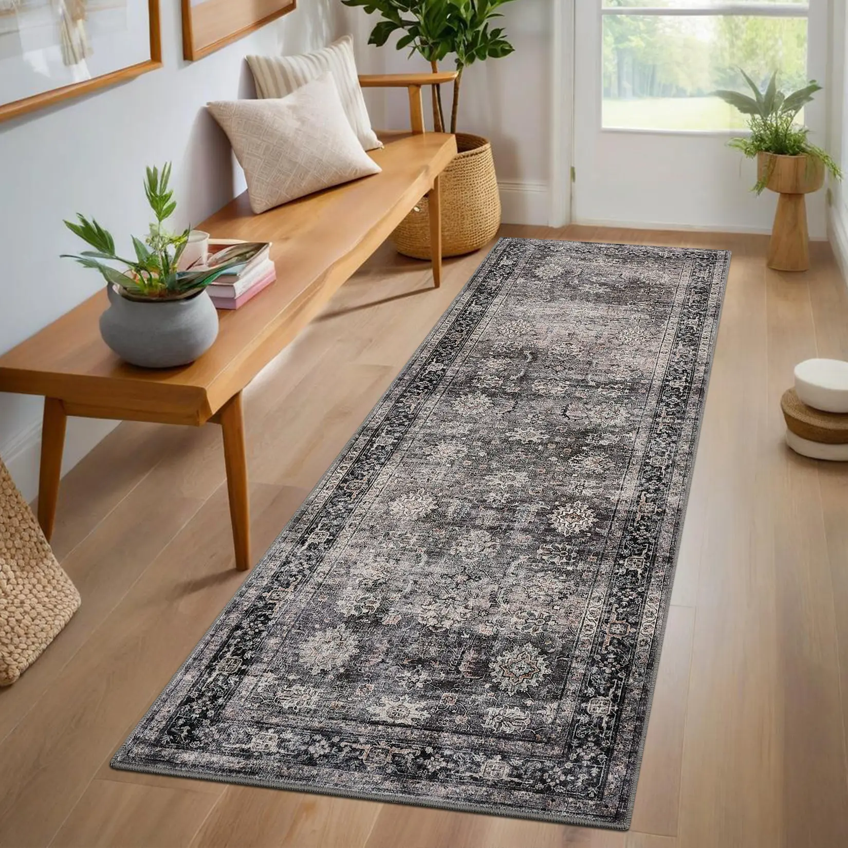 Washable Rugs for Living Room, Non-Slip Vintage Area Rug, Low Pile Stain-Resistant Distressed Oriental Carpet, Indoor Foldable Print Floor Covering for Bedroom Dining Room Nursery